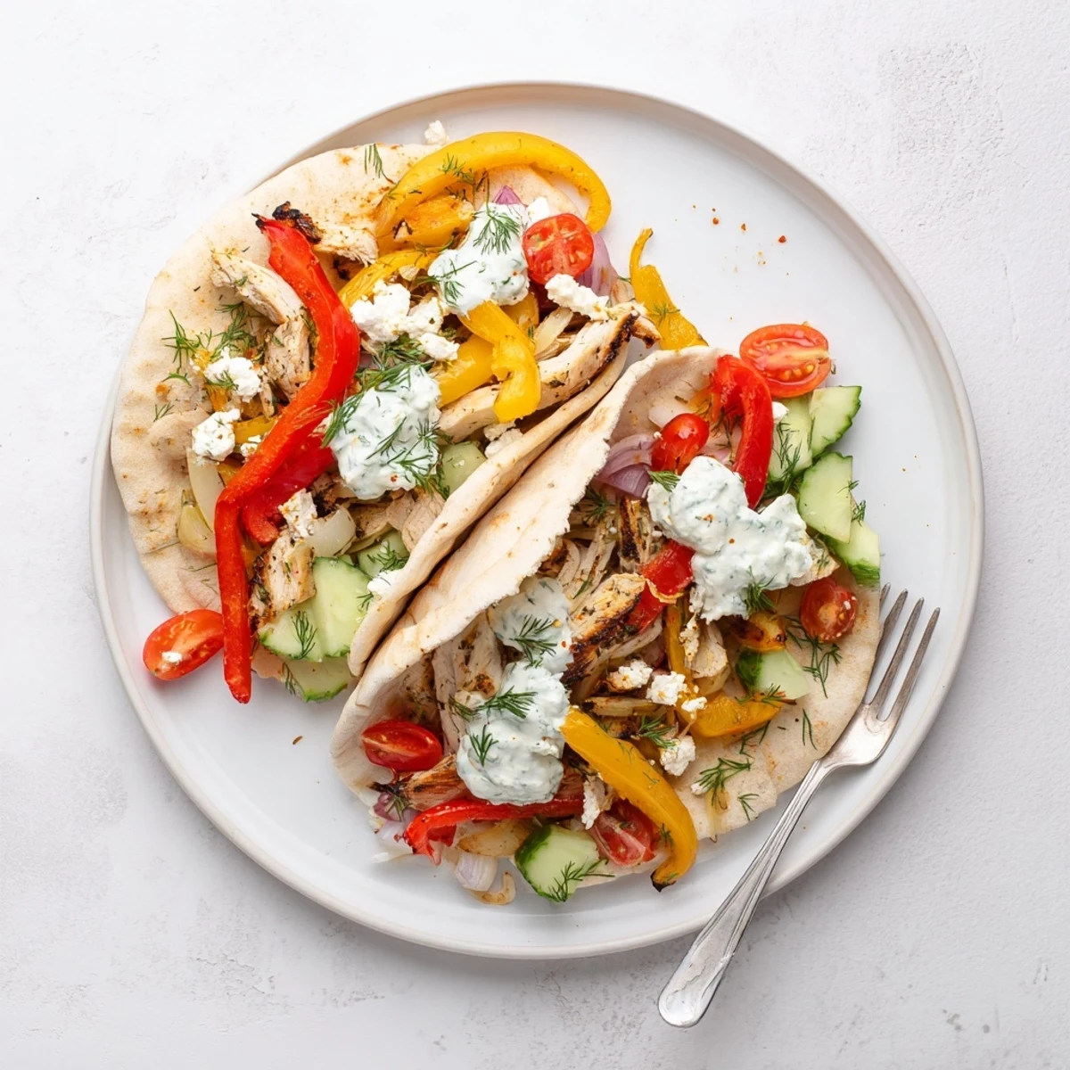 Golden roasted chicken and colorful bell peppers stuffed inside warm pita bread with creamy herby ranch drizzle