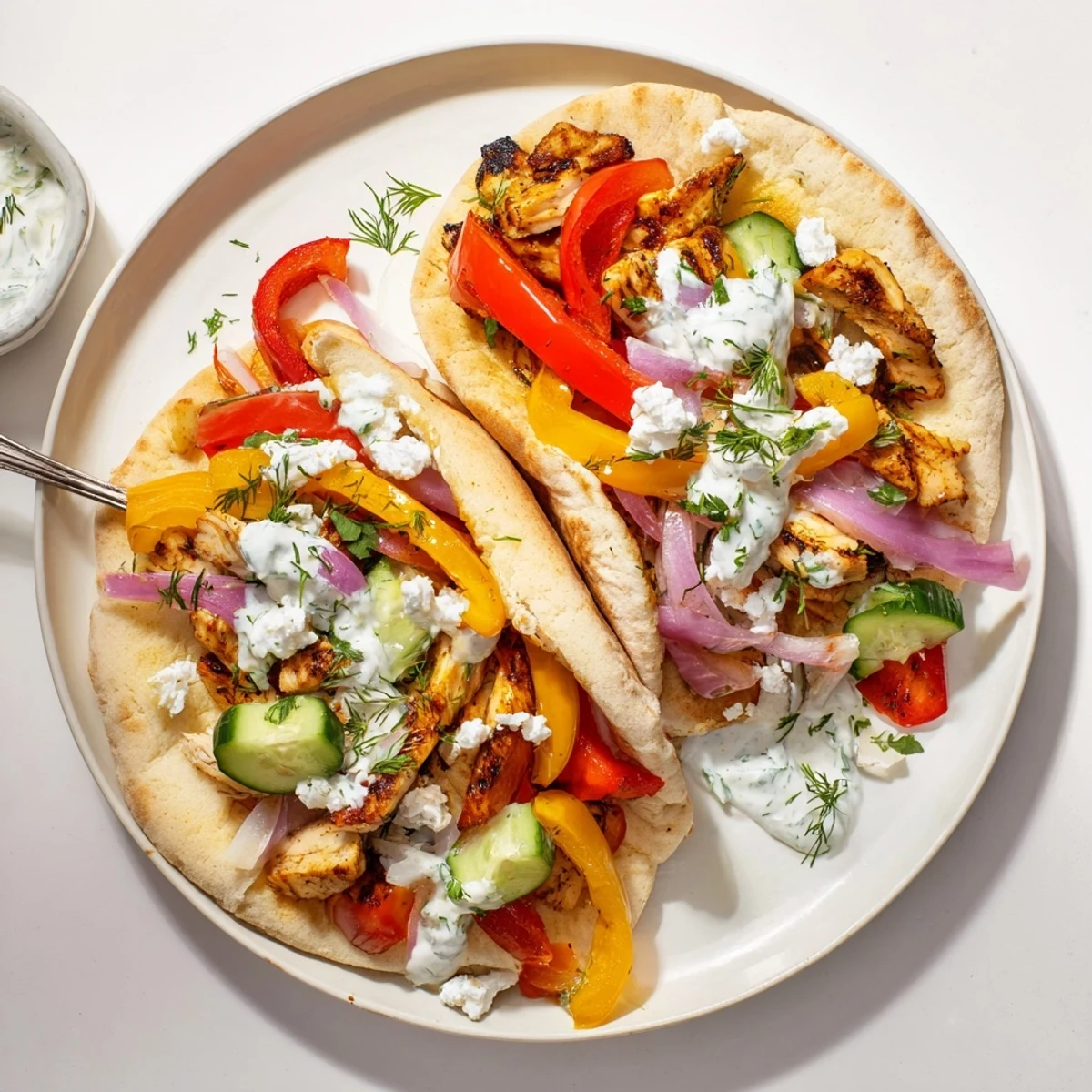 Easy chicken and pepper pitas drizzled with tangy yogurt ranch, garnished with cherry tomatoes and cucumber