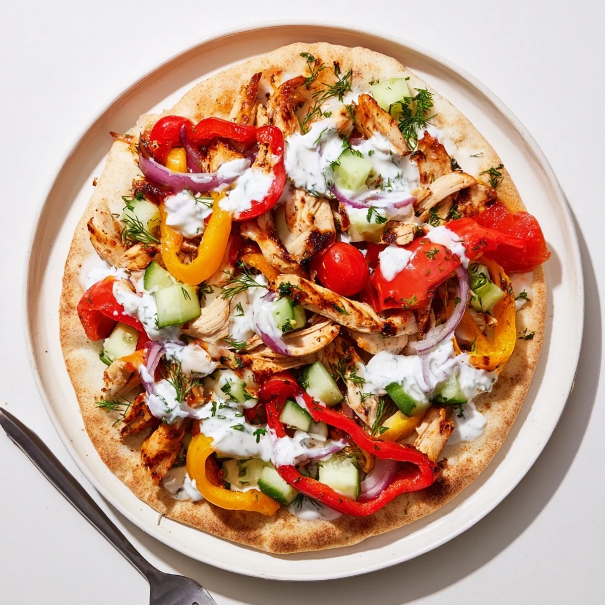 Vibrant sheet pan chicken pitas loaded with tender vegetables and topped with fresh homemade herb ranch sauce