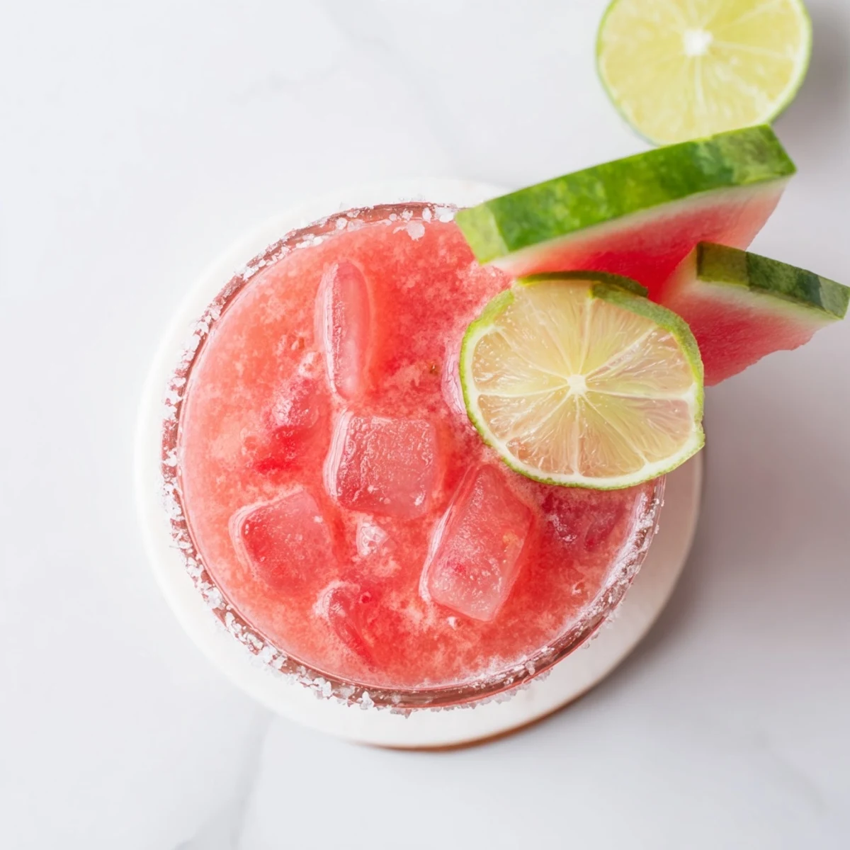 Garnished glass of watermelon margarita mocktail with lime wedge on salted rim