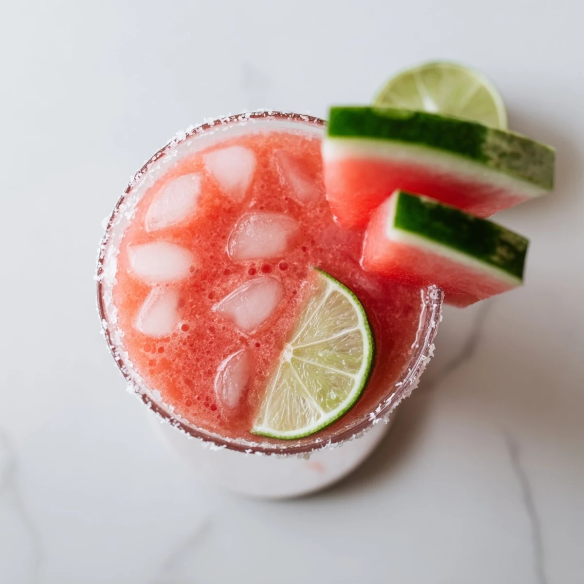 Fresh blended watermelon margarita mocktail in glass with floating lime wedges