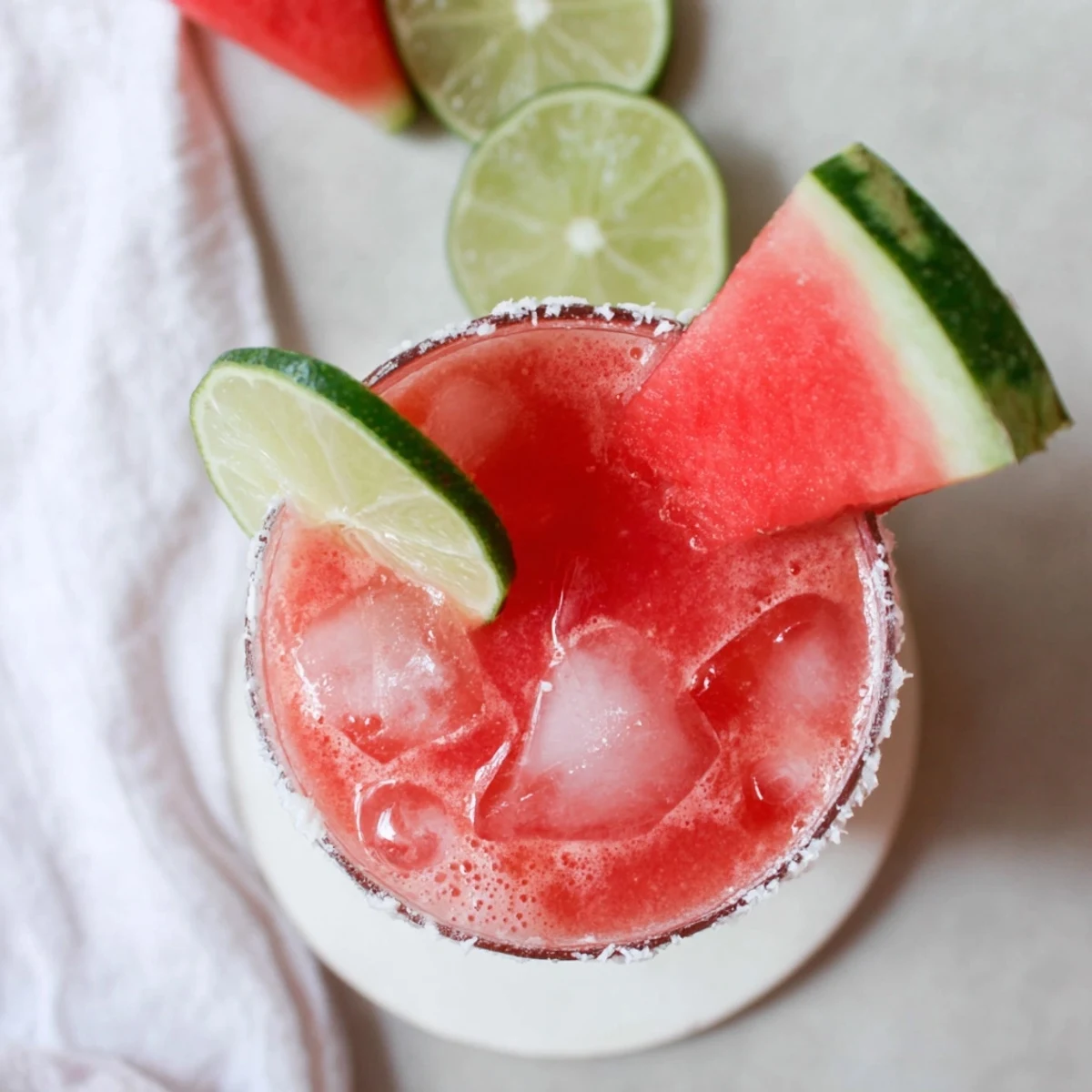 Frosty pink watermelon margarita mocktail poured over ice with watermelon slice garnish