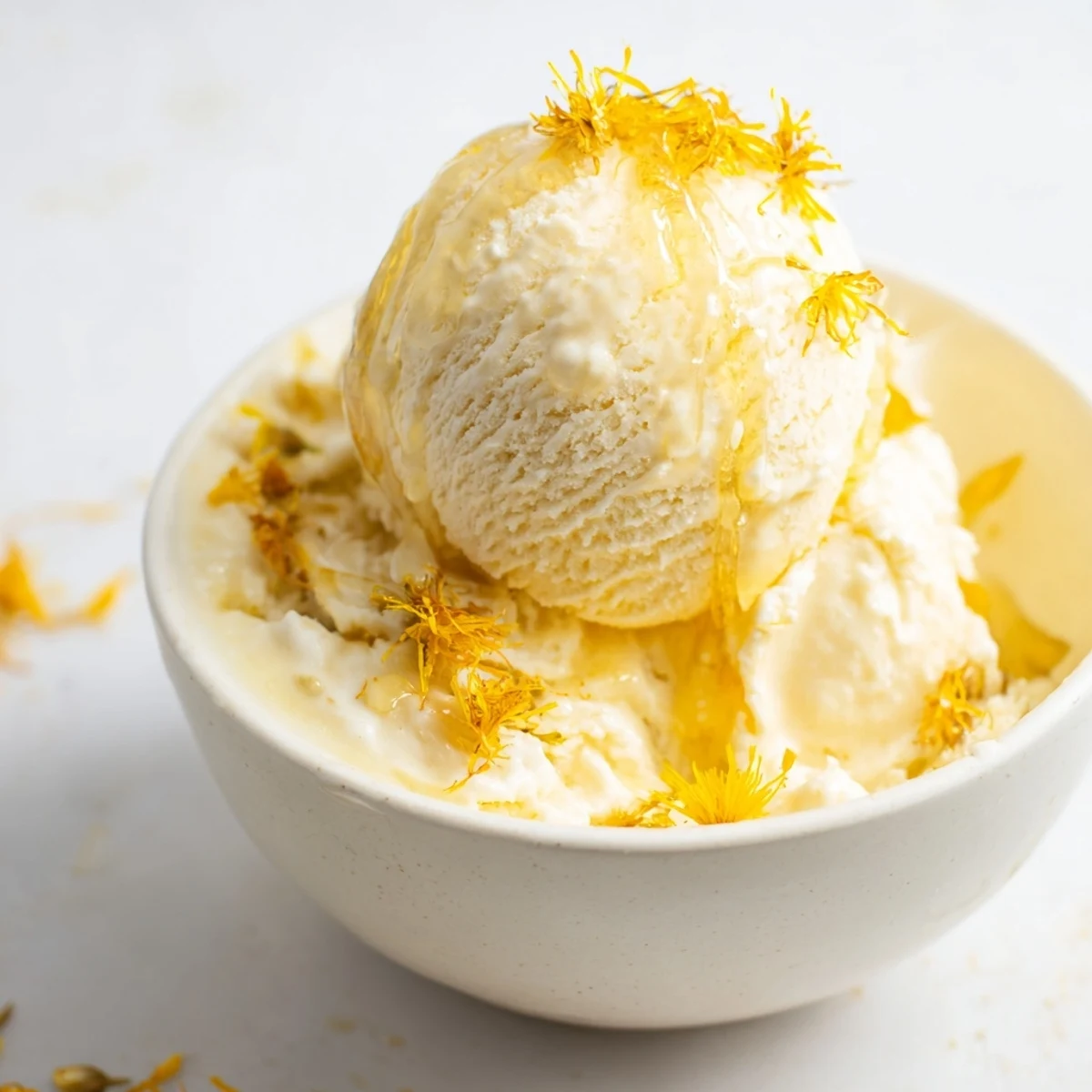 Creamy dandelion honey ice cream scoop topped with golden petals and honey drizzle