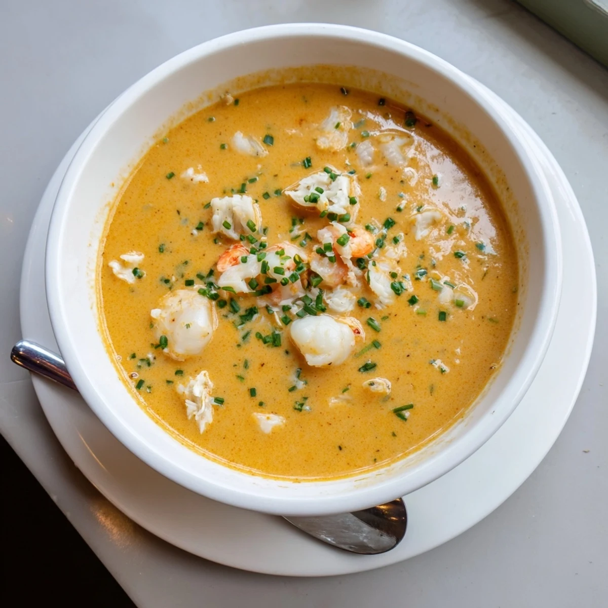Creamy seafood bisque garnished with fresh chives and tender shrimp chunks in white bowl