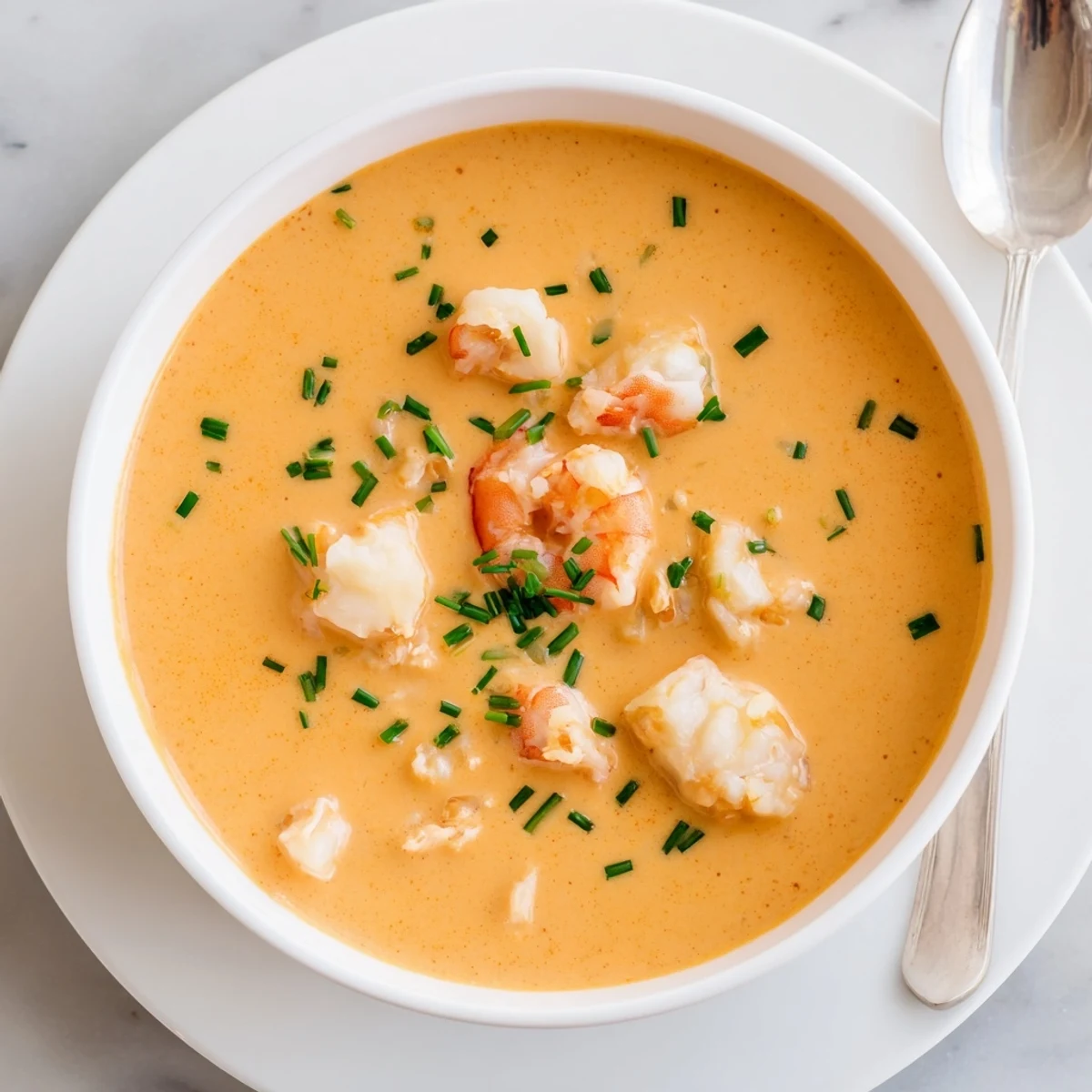 Elegant seafood bisque served with crusty bread and finely chopped parsley for dinner