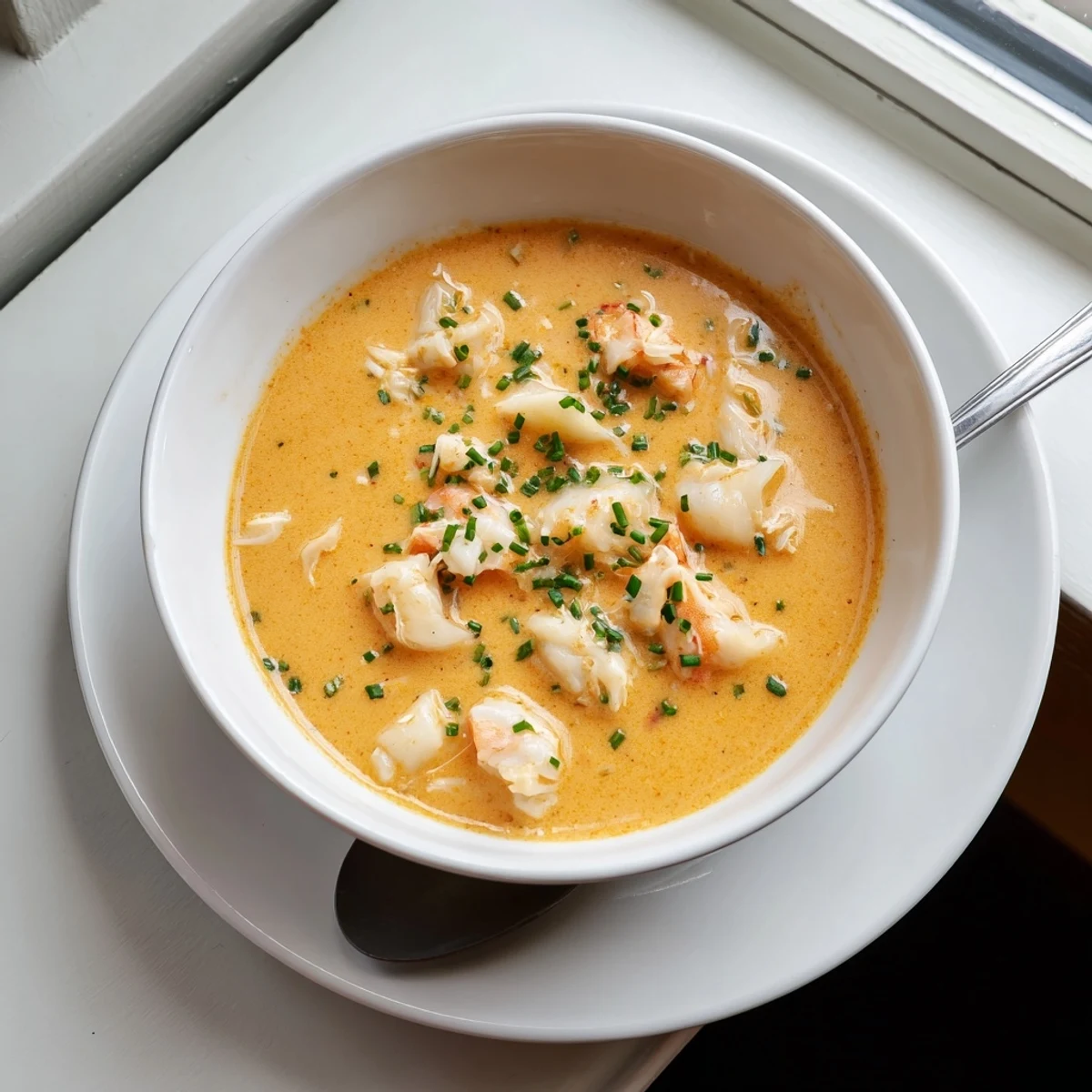 Steaming French seafood bisque with succulent scallops and crab meat drizzled with heavy cream