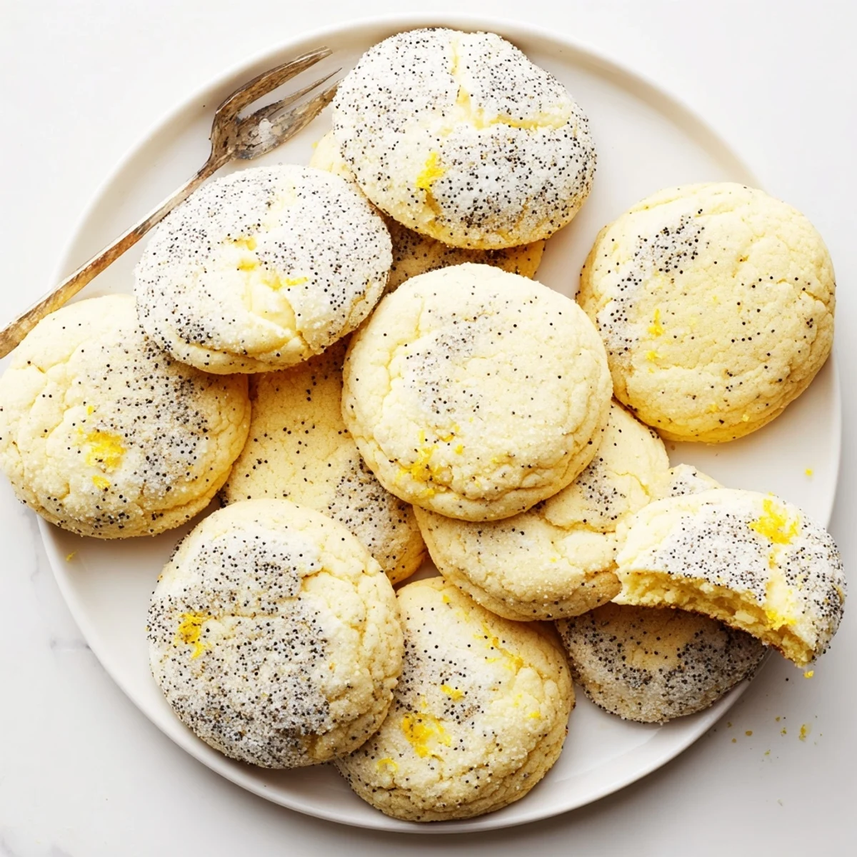Two lemon poppy seed cheesecake cookies stacked on white plate with powdered sugar dusting