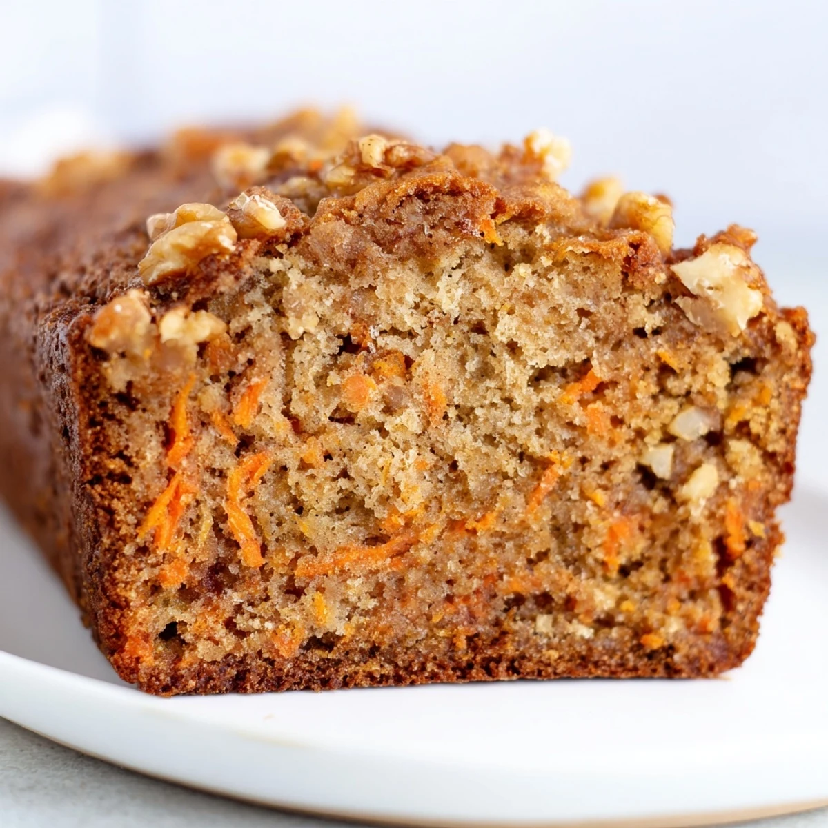 Golden brown carrot cake banana bread loaf dusted with powdered sugar on a wooden board