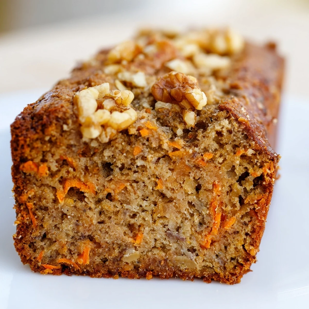 Moist slice of carrot cake banana bread topped with cream cheese frosting and walnut pieces