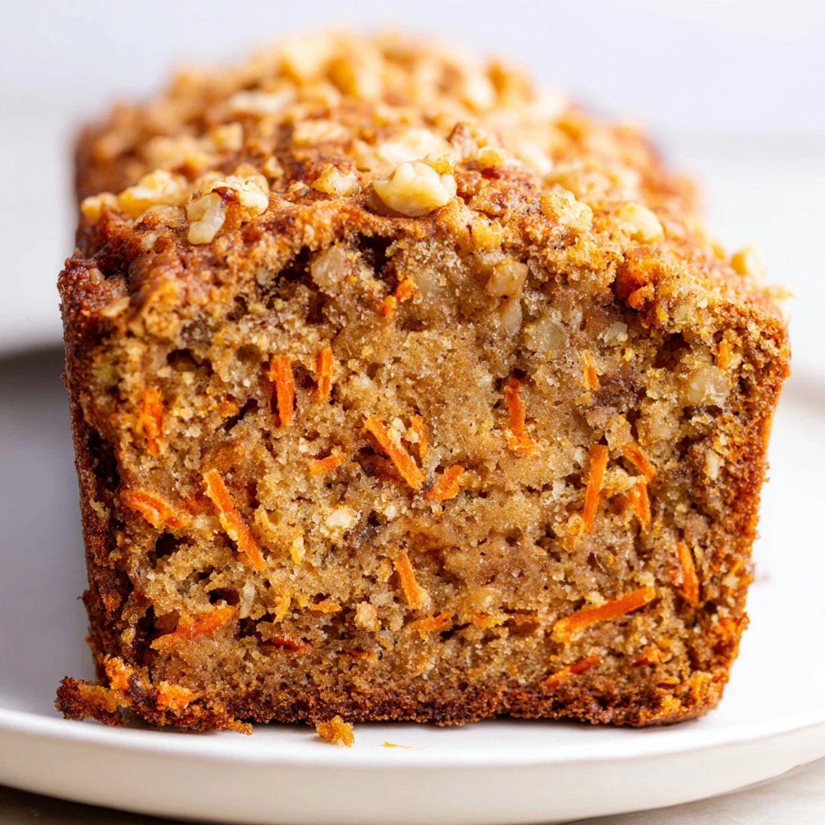 Spiced carrot cake banana bread with visible grated carrots and warm cinnamon aromas rising from loaf
