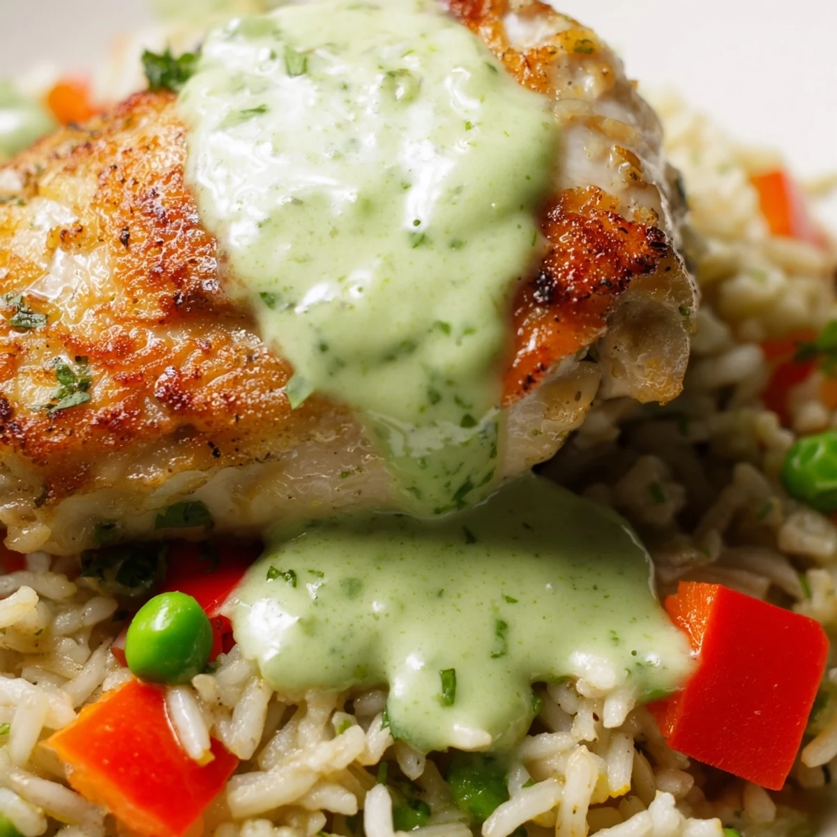 Golden Peruvian chicken rice drizzled with vibrant green aji verde sauce and fresh lime