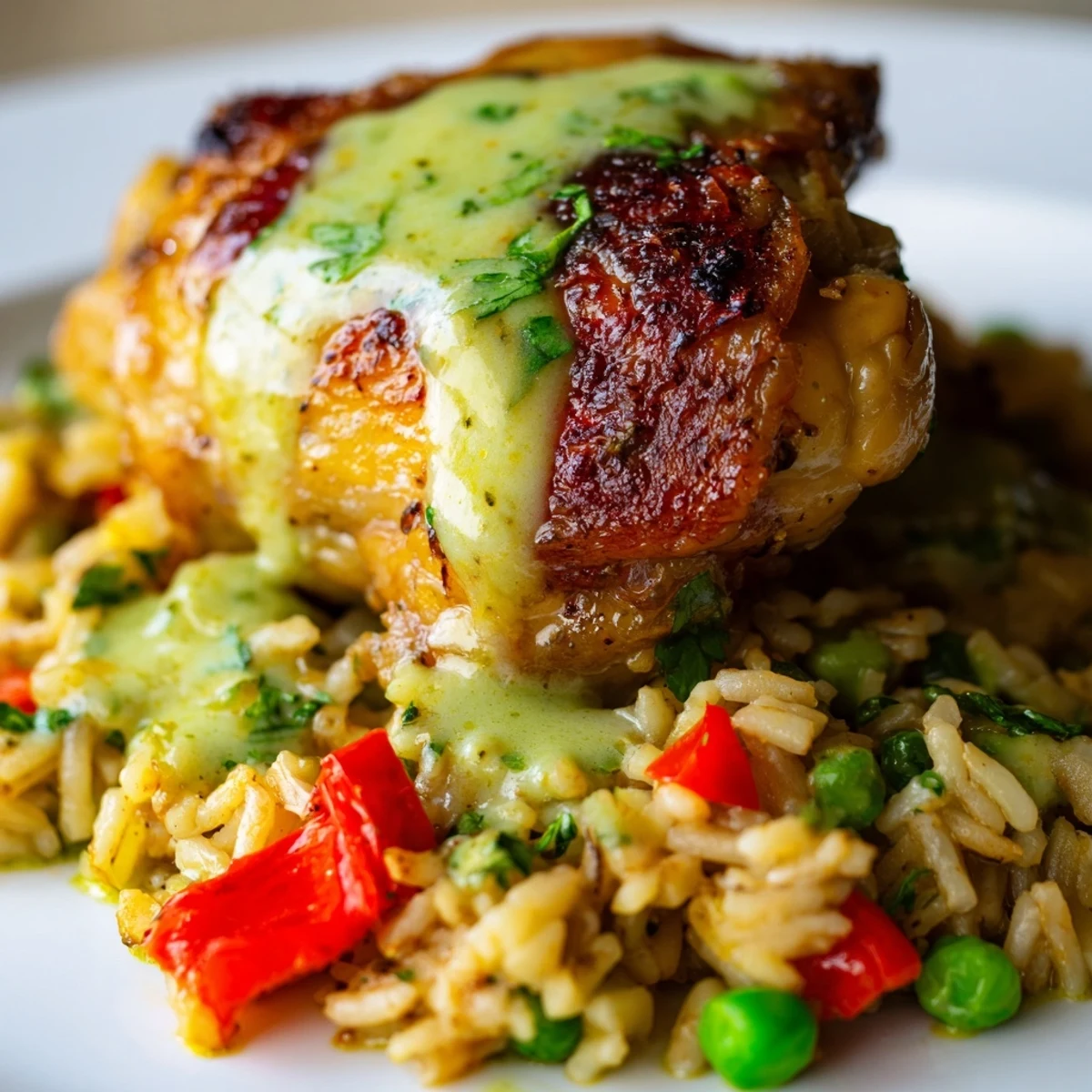 Comforting Peruvian chicken rice bowl topped with creamy herb sauce and zesty lime wedges
