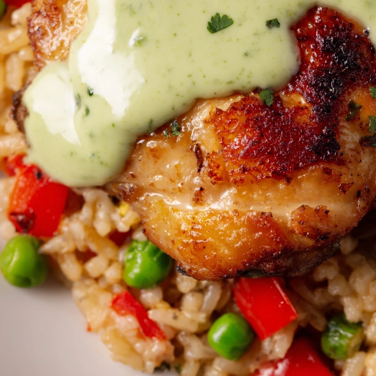 Juicy spiced chicken served over fluffy green rice with tangy Peruvian sauce on top