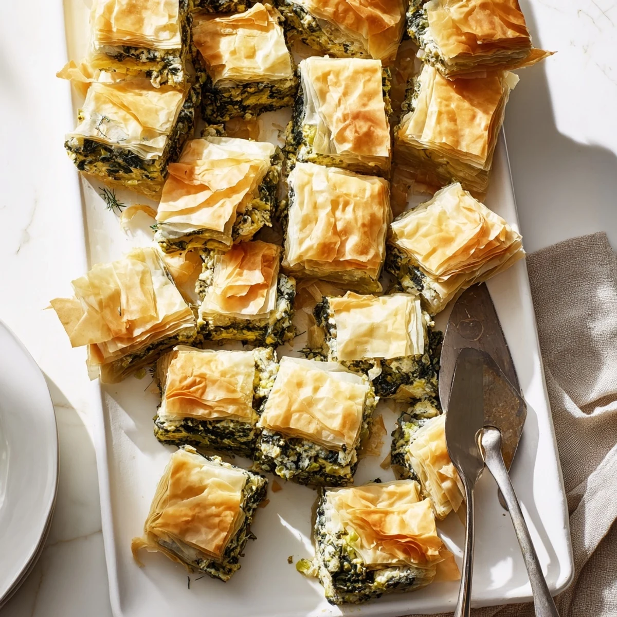 Slices of authentic Greek spanakopita revealing the creamy spinach herb filling nestled between buttery flaky pastry layers