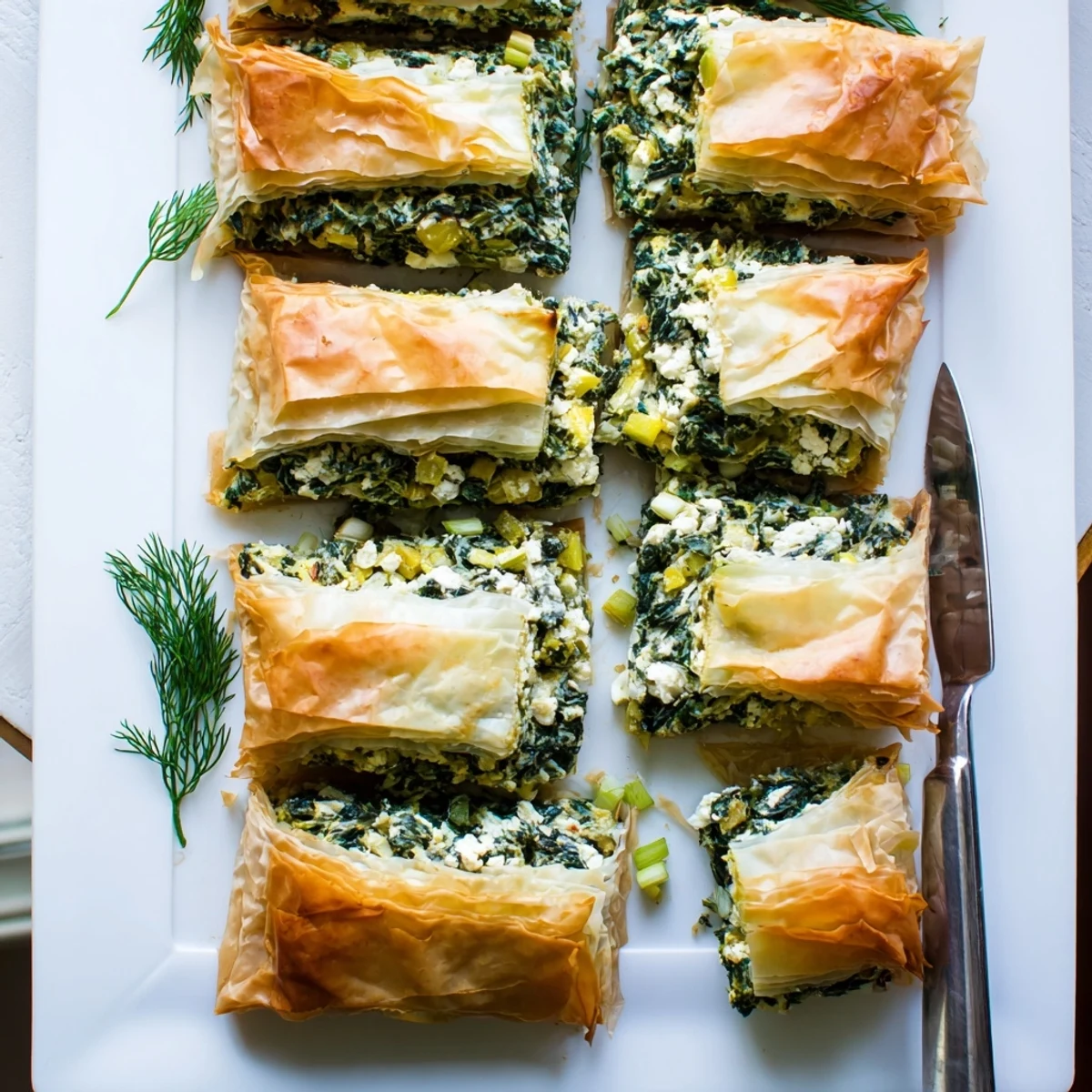 Golden authentic Greek spanakopita featuring layers of crispy phyllo pastry filled with savory spinach and feta cheese
