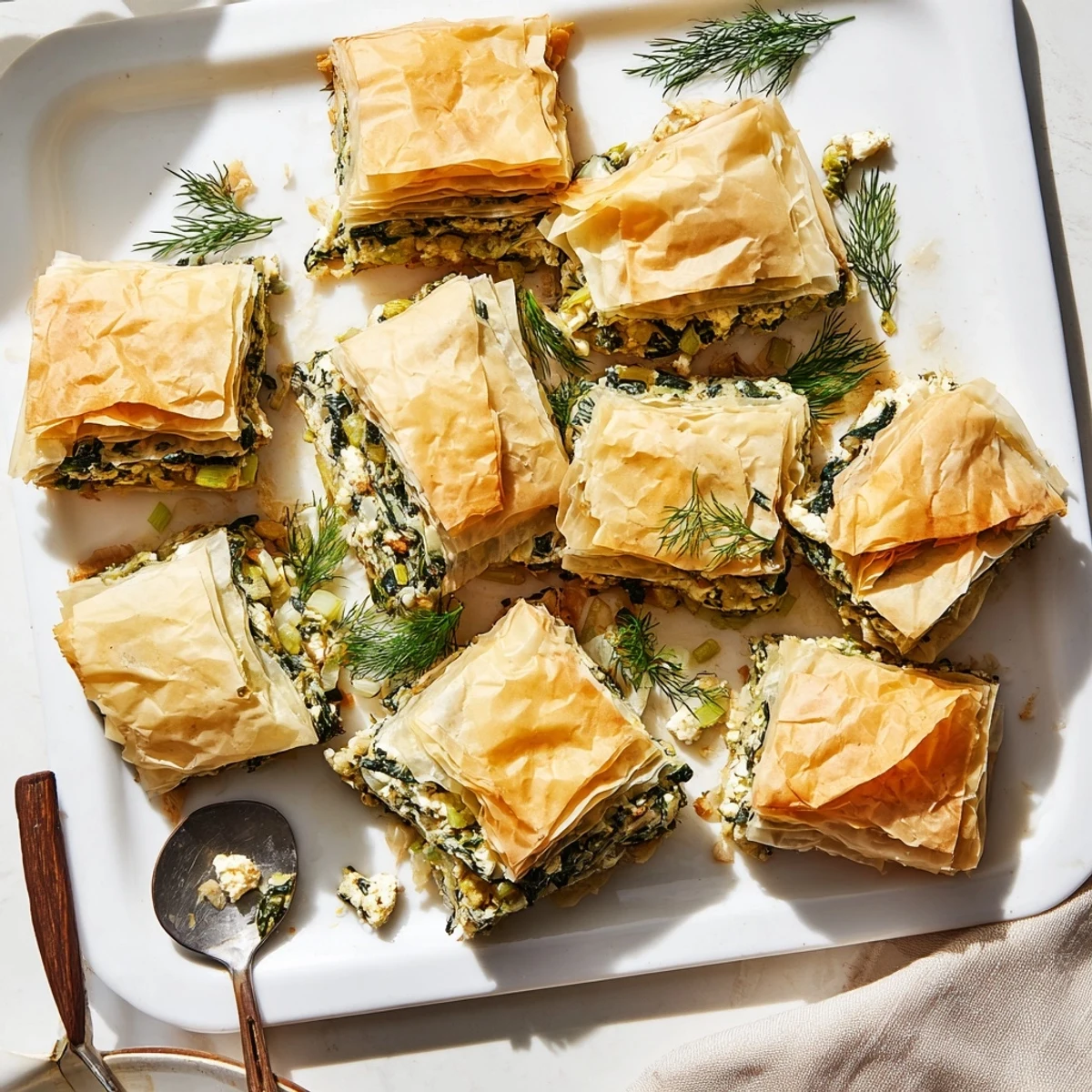 Freshly baked authentic Greek spanakopita arranged on a serving platter with golden brown crispy phyllo tops