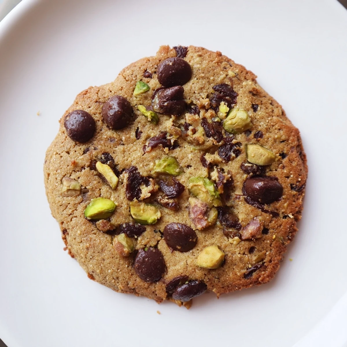 Golden Dubai chewy cookie studded with chopped pistachios and sweet dates on a white plate