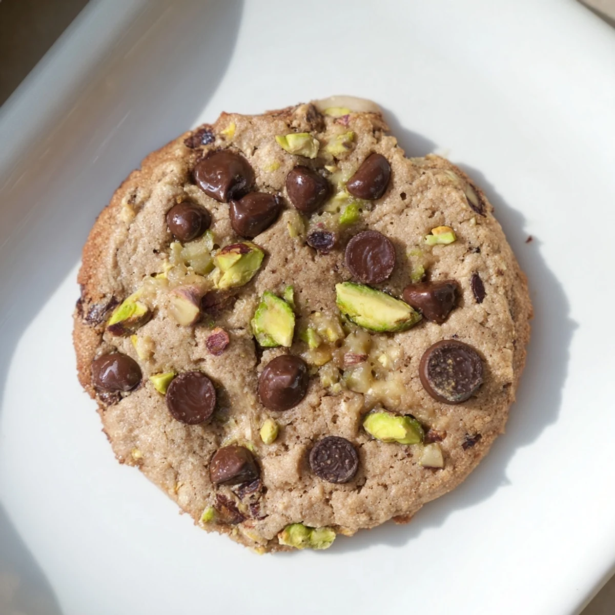 Freshly baked Dubai chewy cookie with craggy edges and green pistachio pieces visible