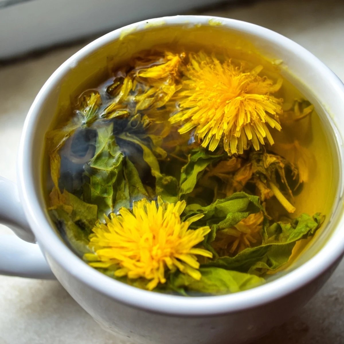Golden dandelion tea steaming in a white ceramic cup with fresh petals scattered nearby