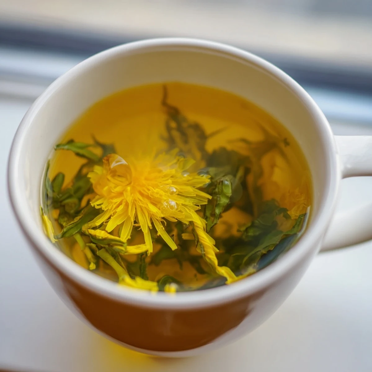 Clear amber herbal dandelion tea poured into glass mugs beside harvested yellow flowers and greens