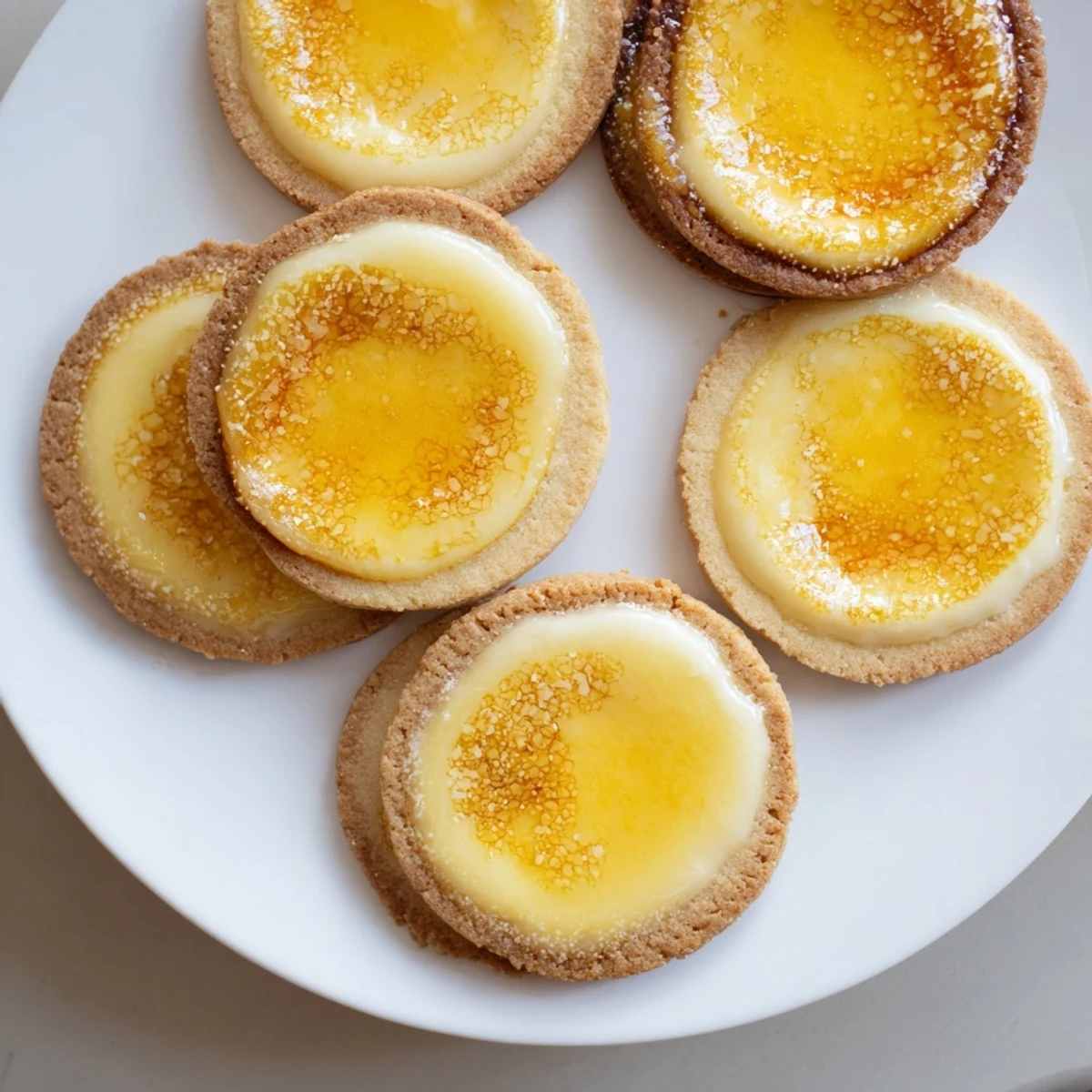Buttery shortbread cookies topped with vanilla custard and a torched caramelized sugar layer