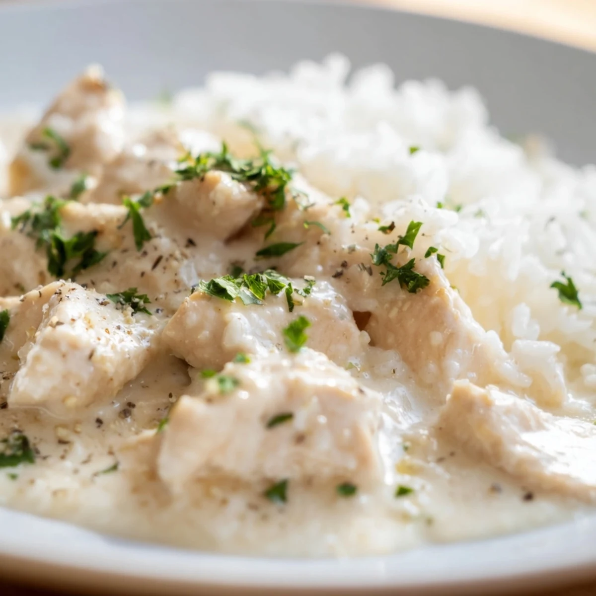 Creamy one pot angel chicken rice bake with juicy chicken breasts nestled in tender Parmesan rice