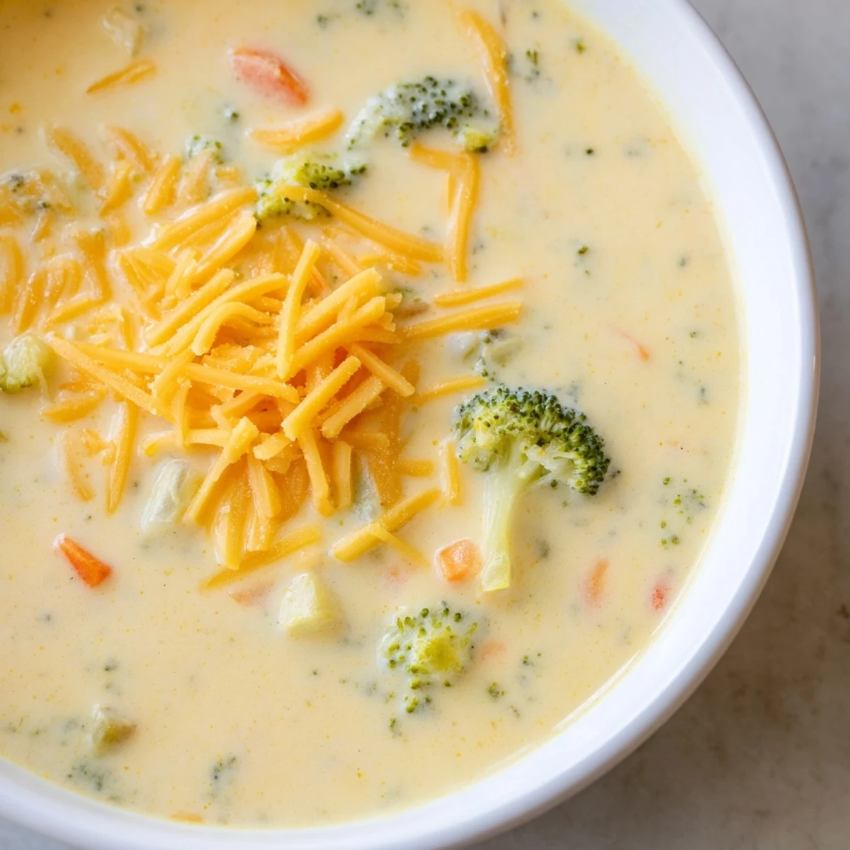 Golden bowl of creamy slow cooker broccoli cheddar soup garnished with shredded cheese