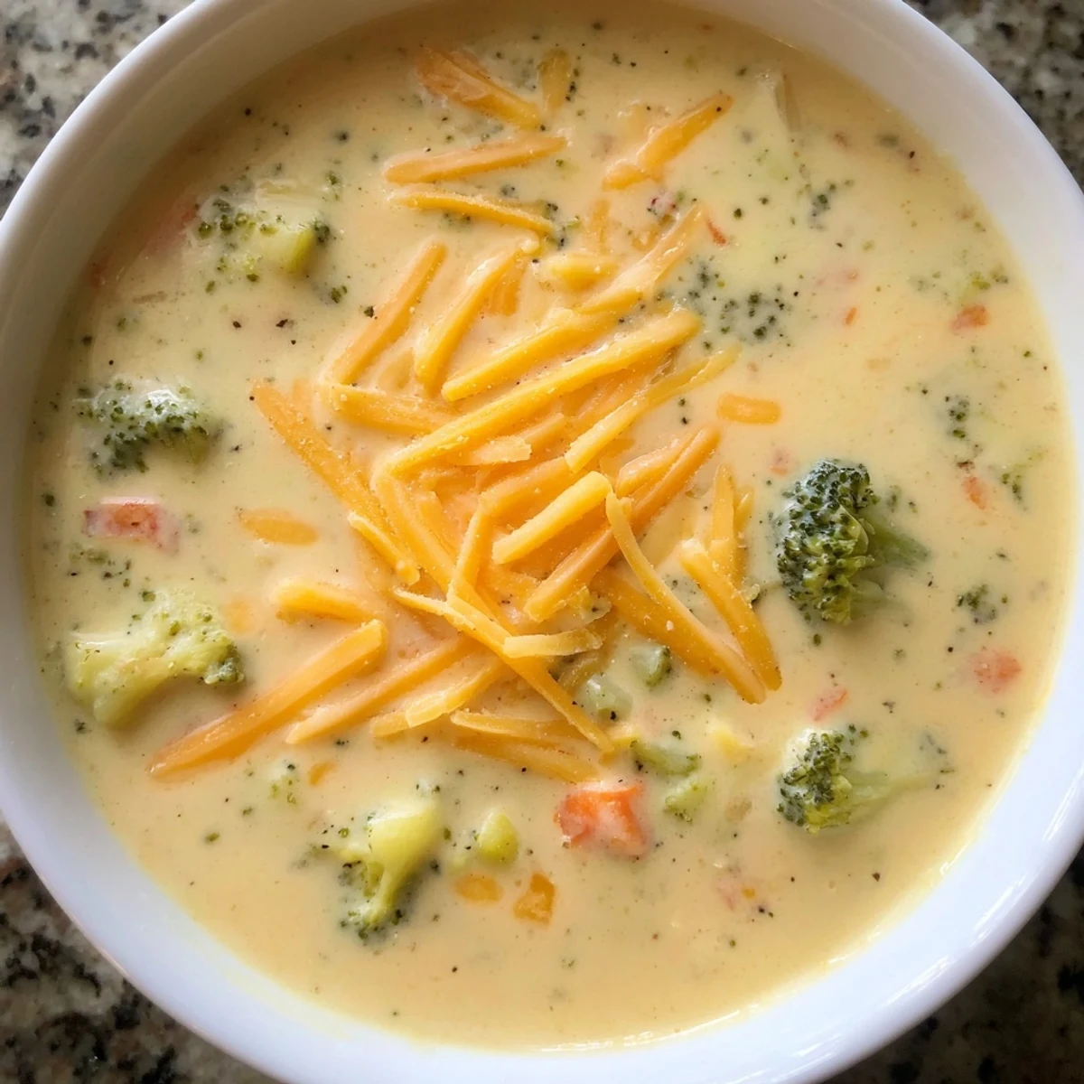 Rich and velvety broccoli cheddar soup served in white bowl with crusty bread on side