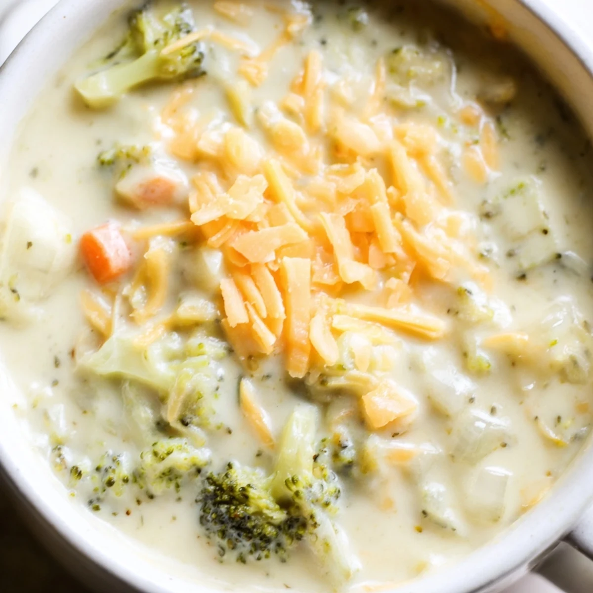 Steaming crock of broccoli cheddar soup with tender broccoli florets and melted sharp cheddar