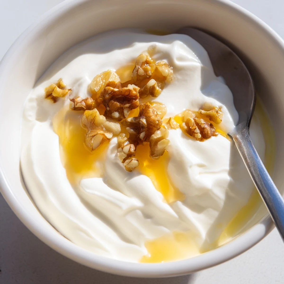 Rich homemade Greek yogurt spooned into a bowl with fresh honey drizzled on top