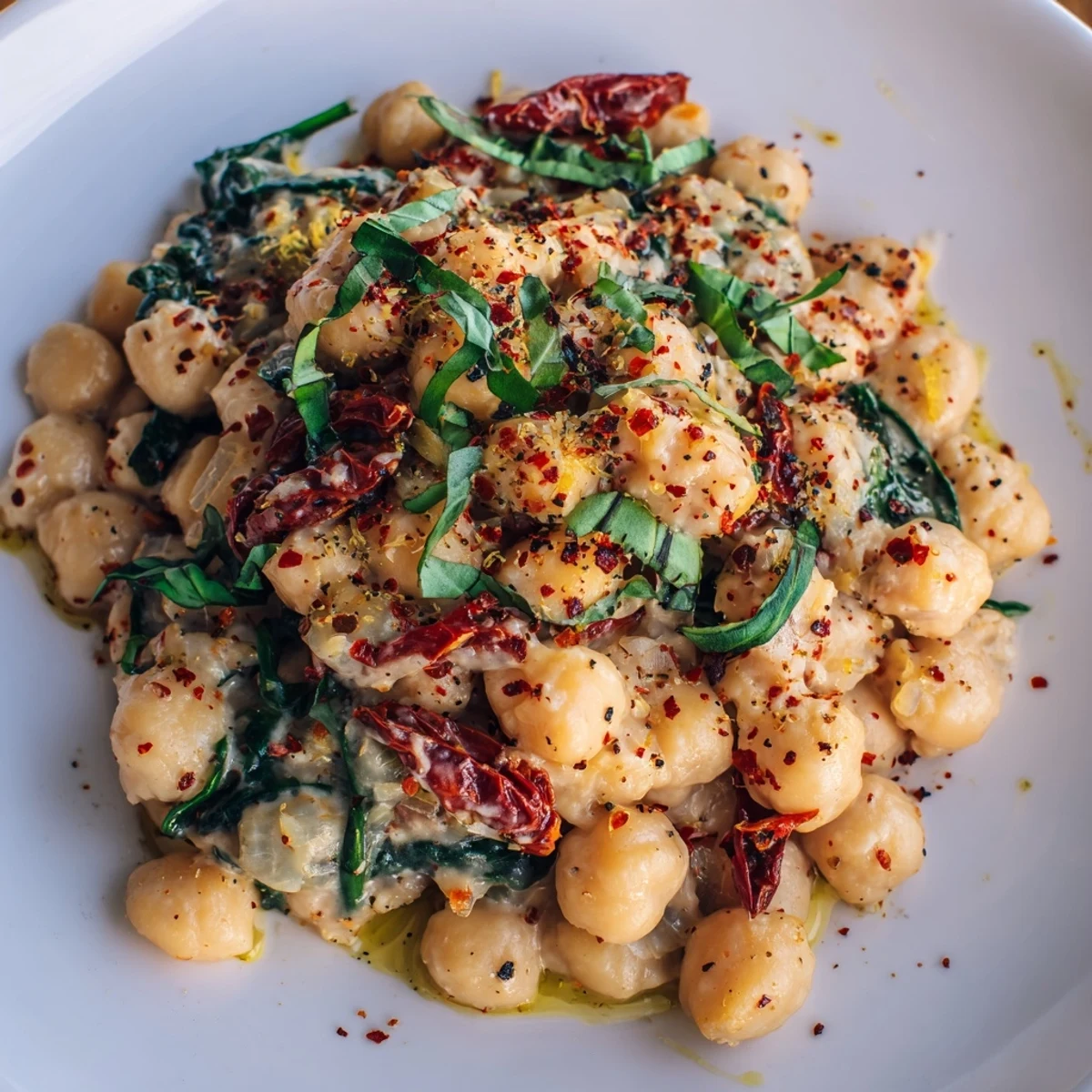 Creamy Marry Me Chickpeas in white sauce with sun-dried tomatoes and fresh basil garnish