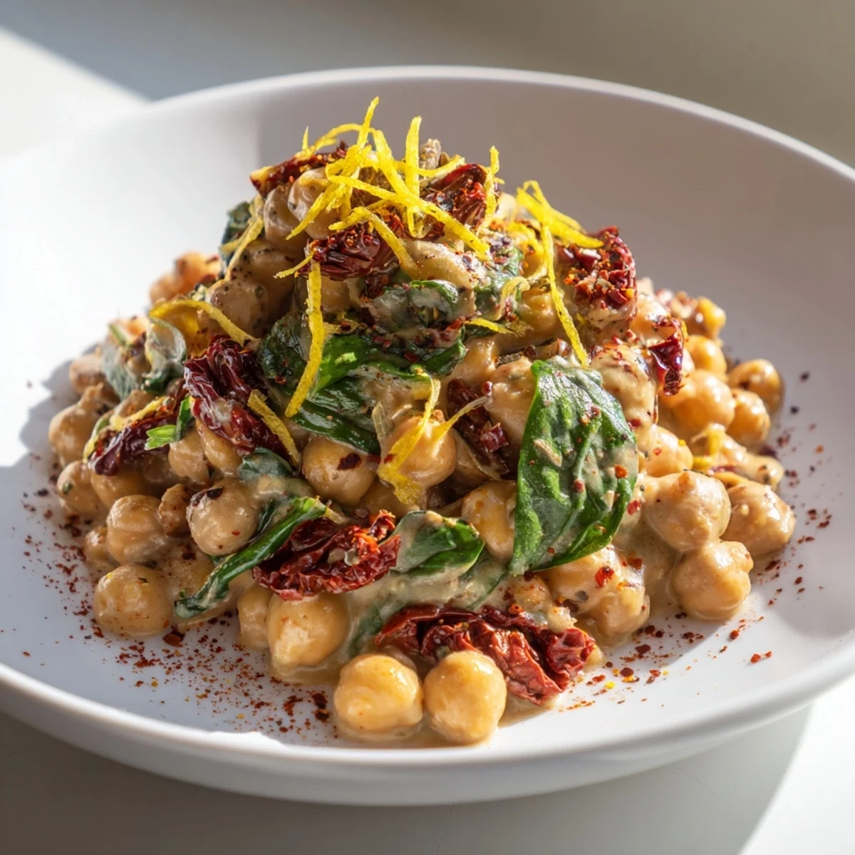 Hearty bowl of Marry Me Chickpeas featuring wilted spinach and lemon zest topping