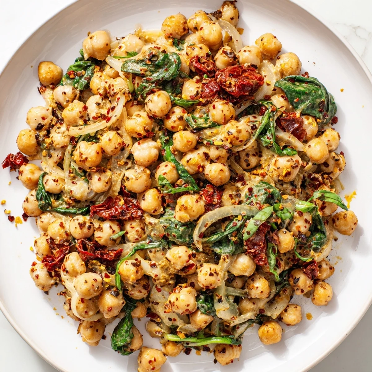 Golden chickpeas simmered in rich creamy Marry Me sauce with red pepper flakes