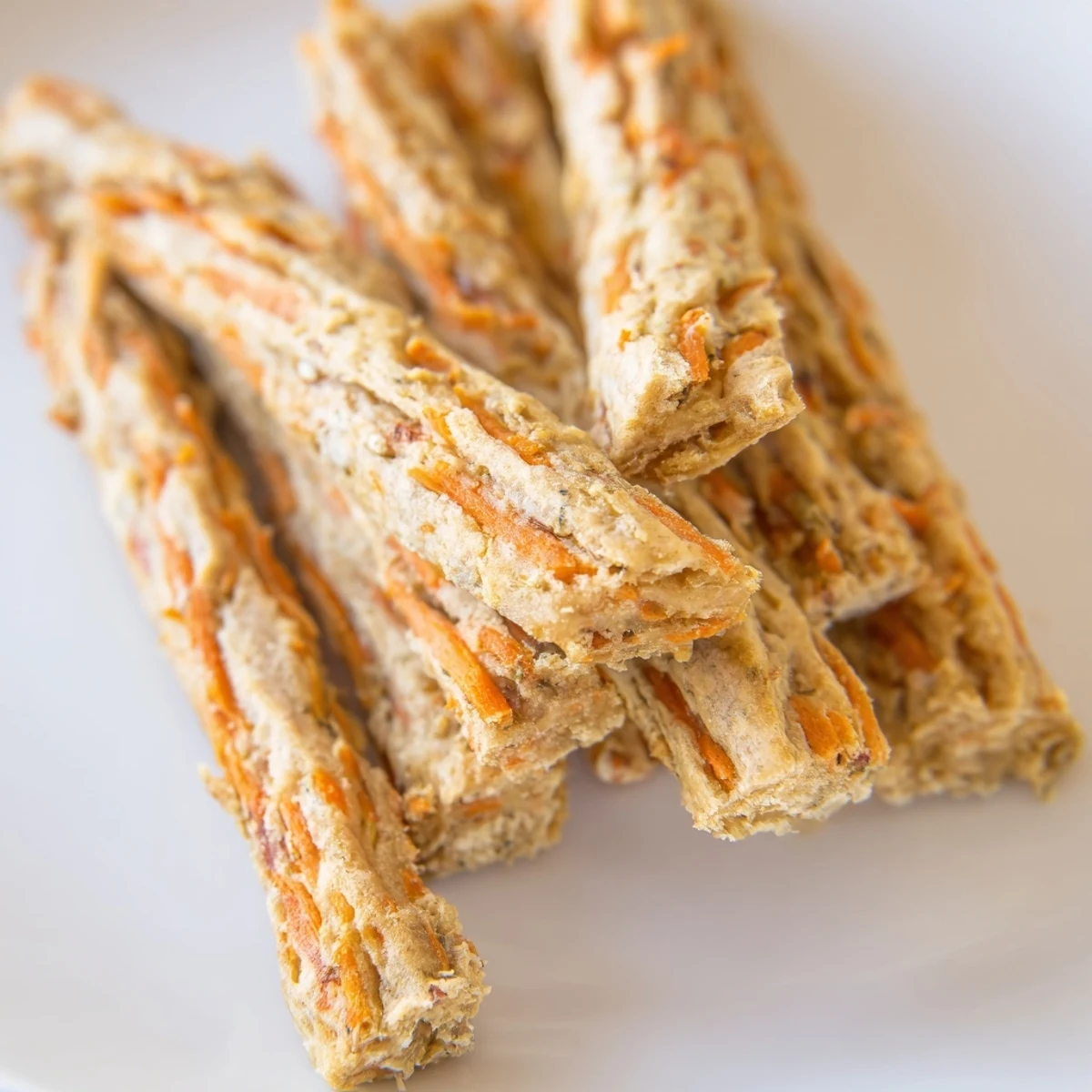 Baked apple and carrot dog chew sticks with speckled orange and golden bits for wholesome dog treats