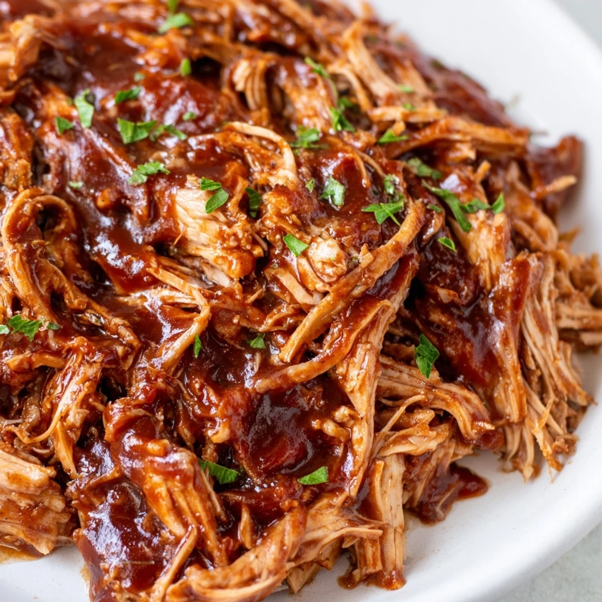 Tender Sweet Baby Ray's Crockpot Chicken glistening with rich, sticky barbecue sauce on a white plate.