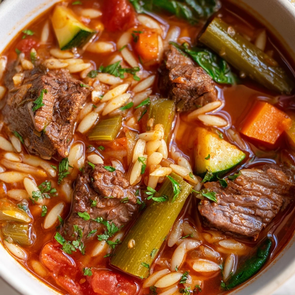 Steaming bowl of hearty beef and orzo soup with tender meat and colorful vegetables