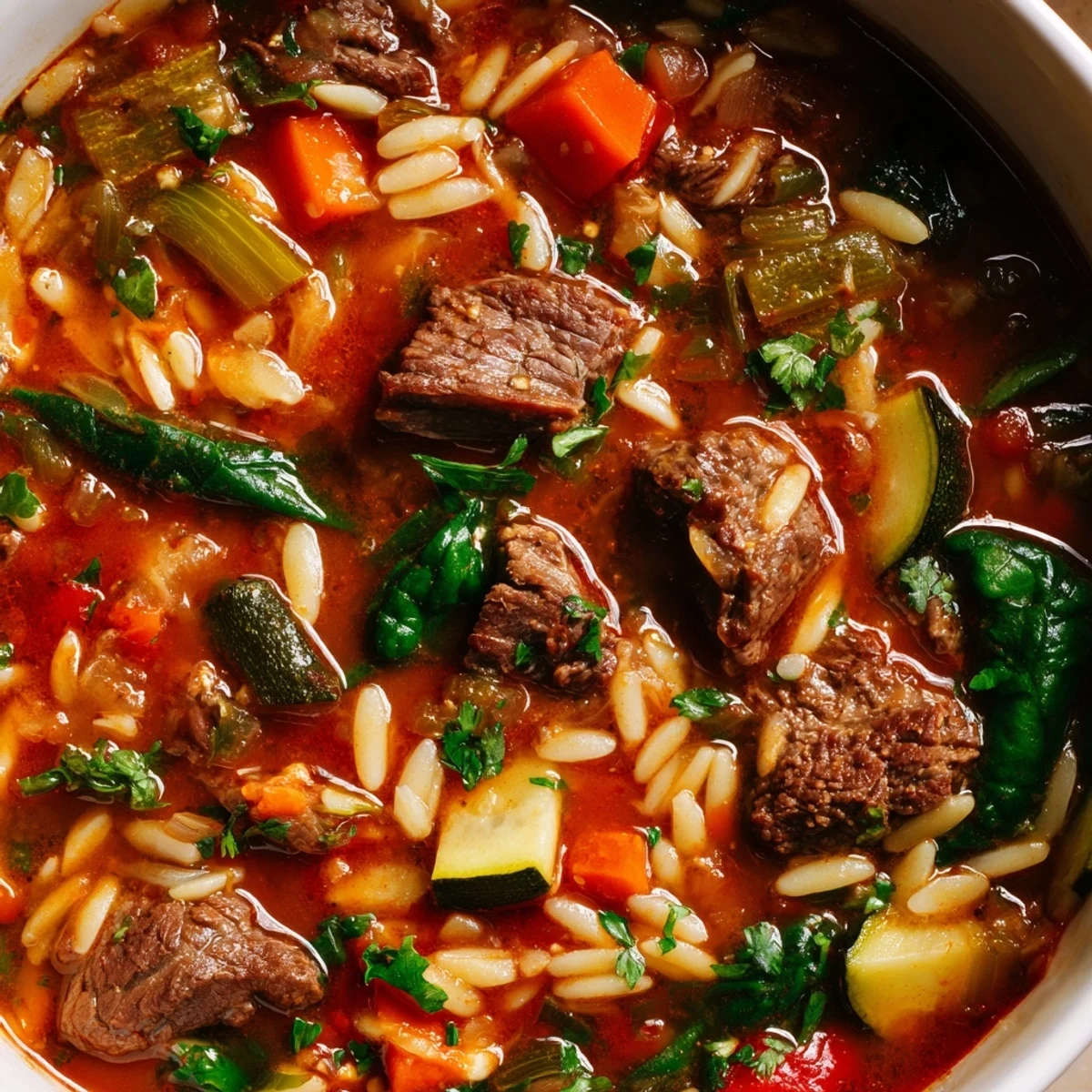 Hearty beef and orzo soup brimming with garden veggies in savory golden broth
