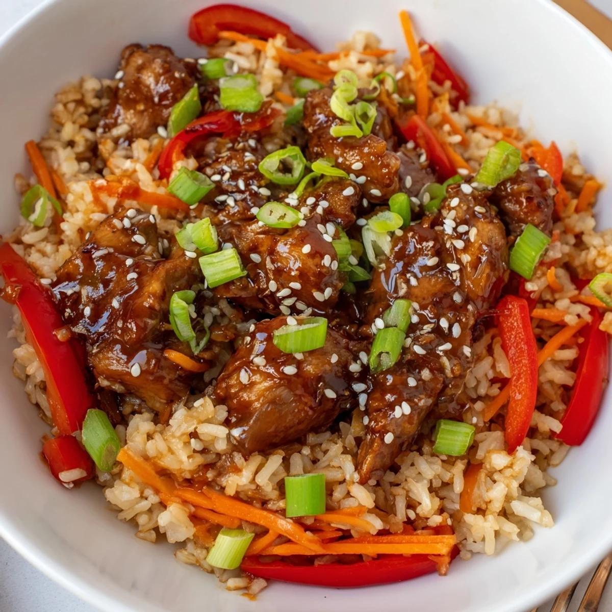 One Pan Korean BBQ Chicken and Rice served in a cast iron skillet with sesame garnish
