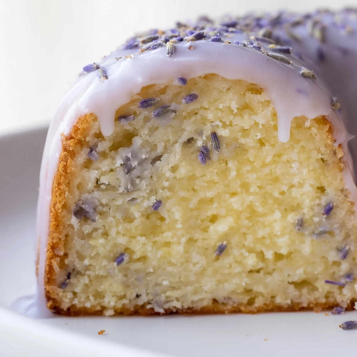 Lavender cake with lemon glaze drizzled over a tender golden crumb