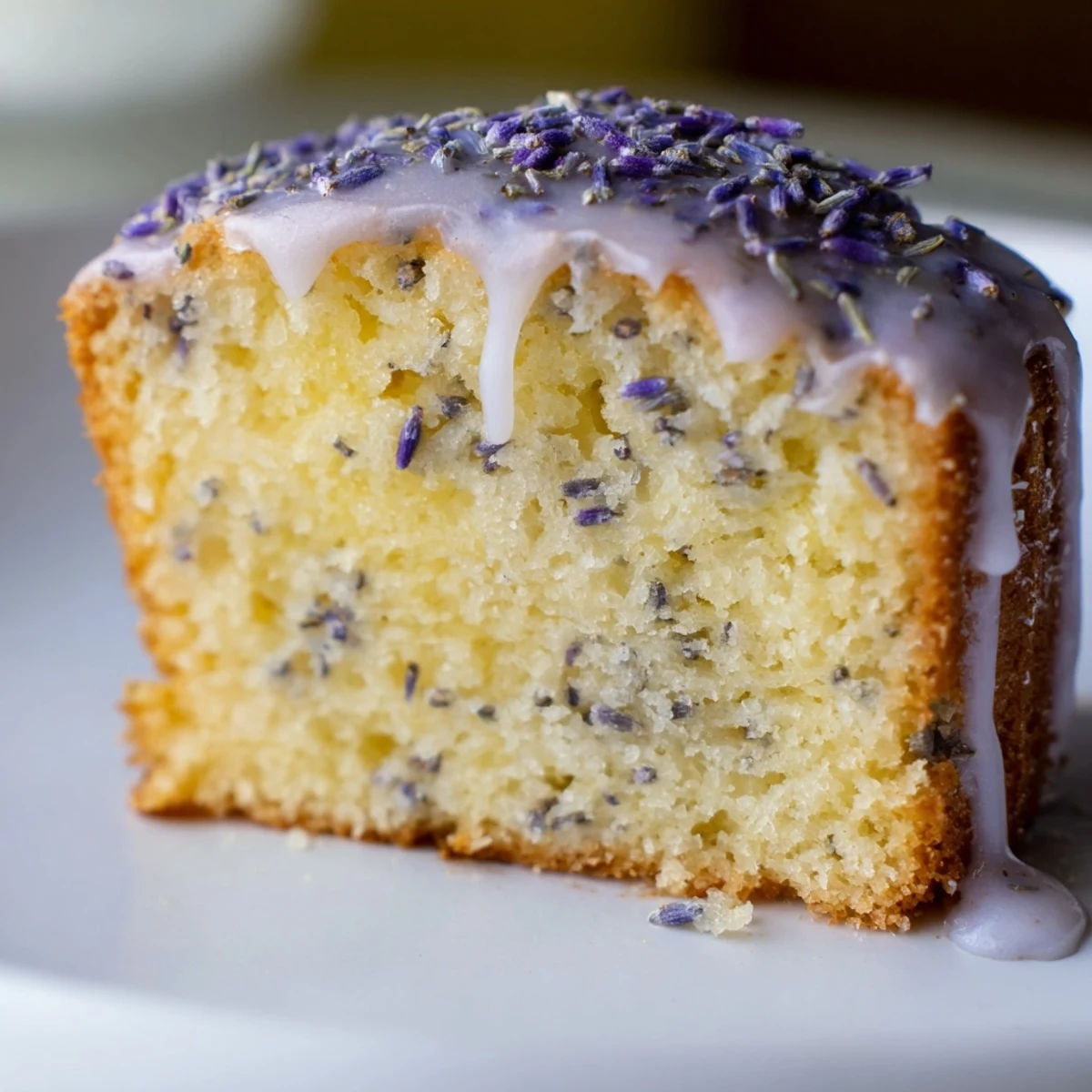 Soft lavender cake topped with sweet citrus icing and purple buds