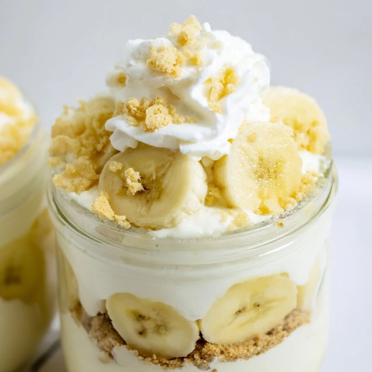 Individual no bake banana pudding cheesecake cups topped with golden wafer crumbs and whipped cream