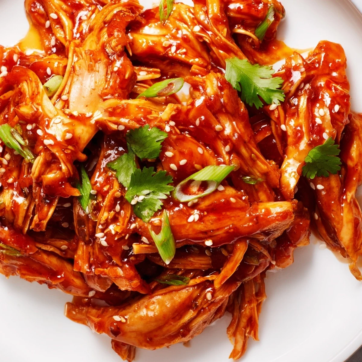 Slow Cooker Sweet Chili Chicken glistening with sticky sauce and topped with fresh green onions