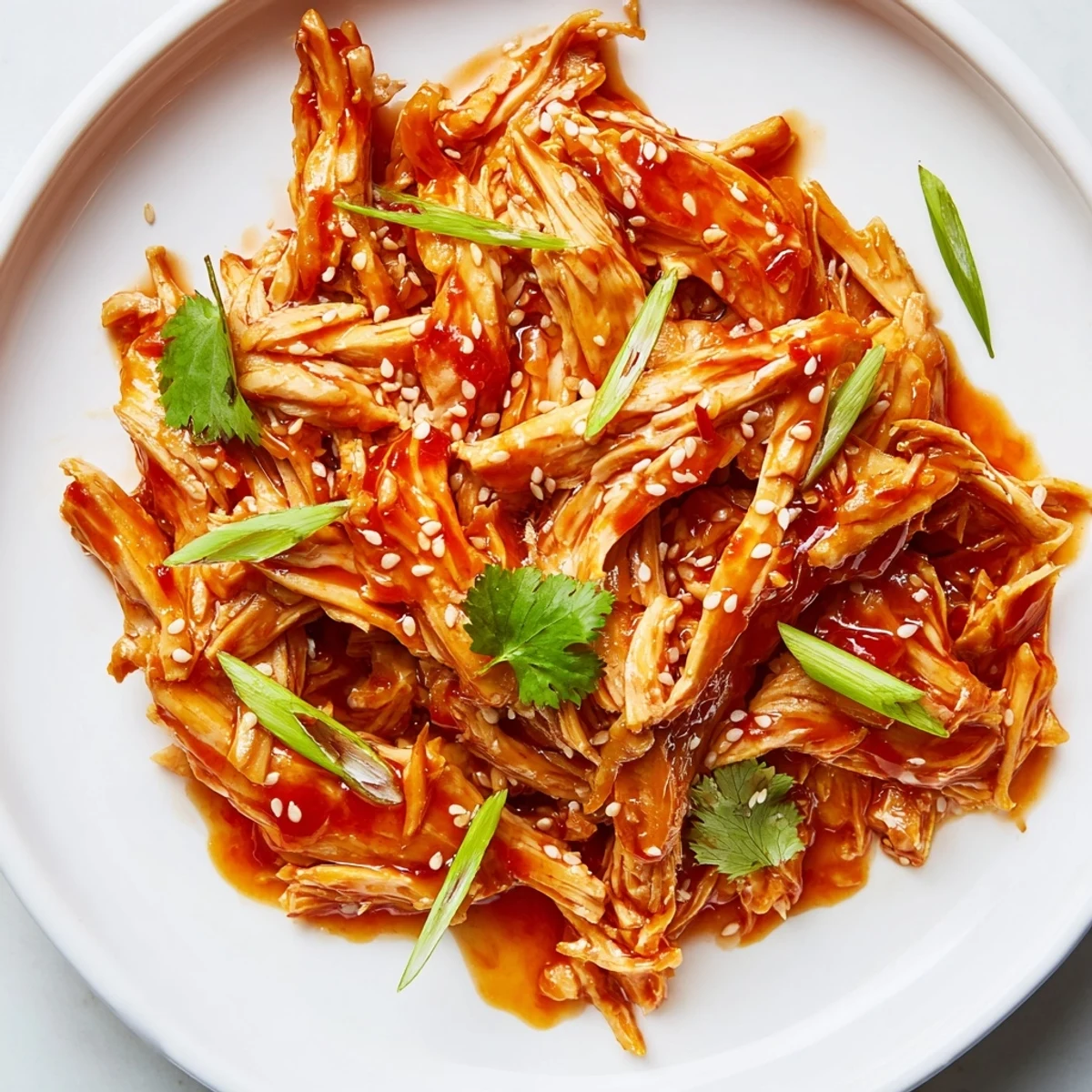 Tender shredded Slow Cooker Sweet Chili Chicken served over steamed white rice in a bowl