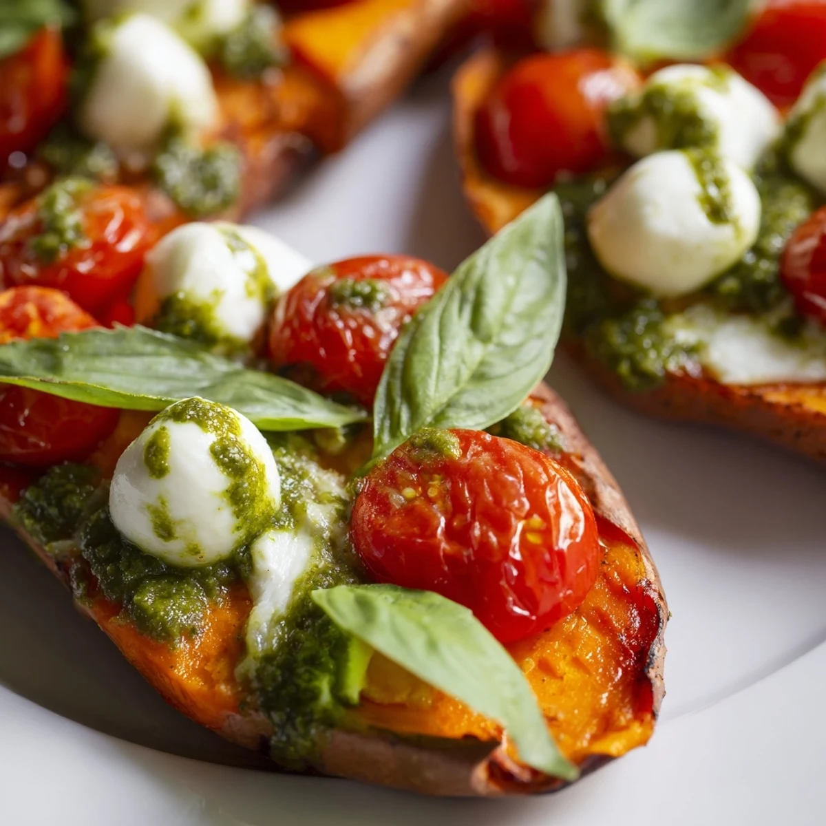 Golden roasted Summer Sweet Potatoes topped with juicy tomatoes, creamy mozzarella, and vibrant green pesto drizzle