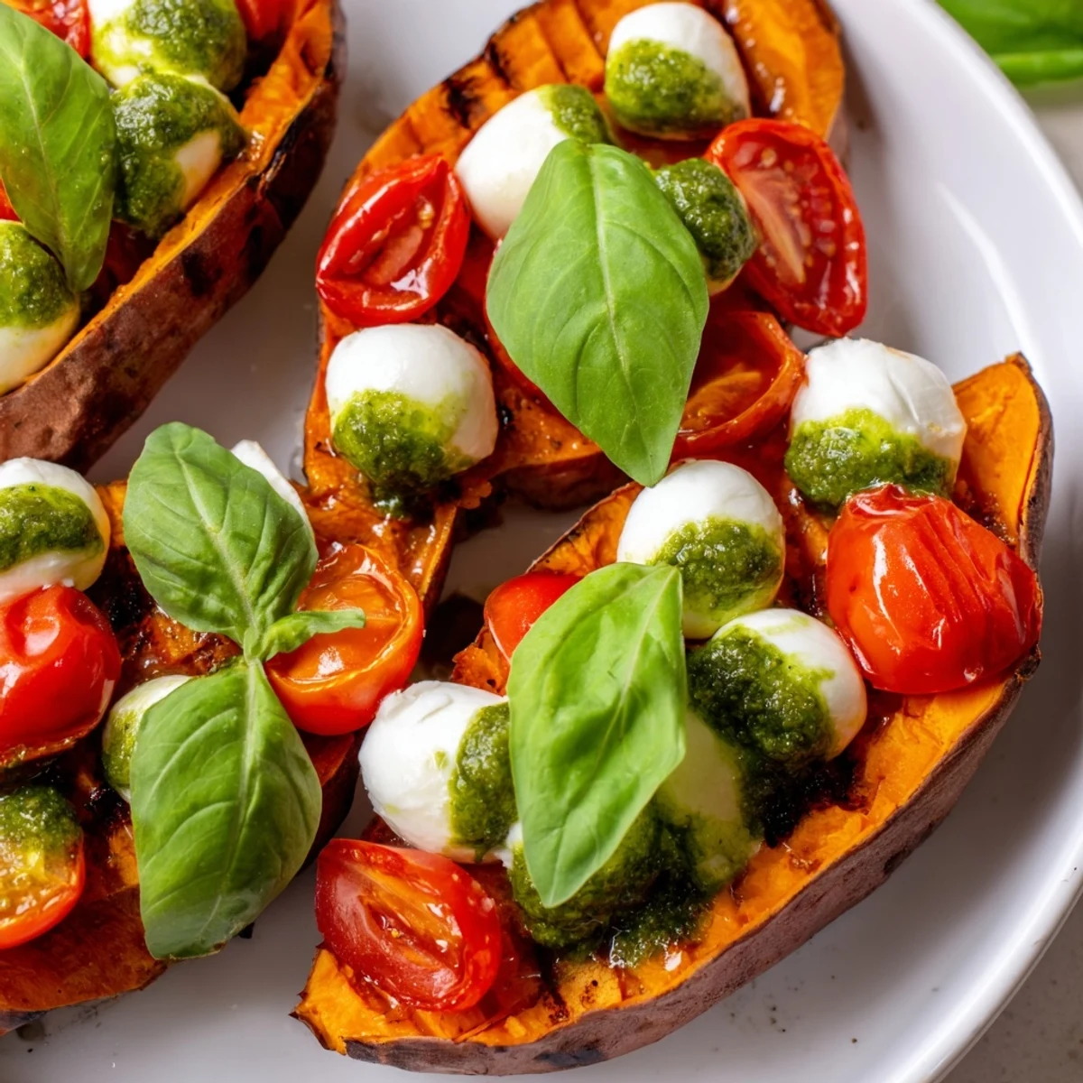 Summer Sweet Potatoes layered with fresh cherry tomatoes, melted mozzarella balls, and aromatic basil pesto sauce