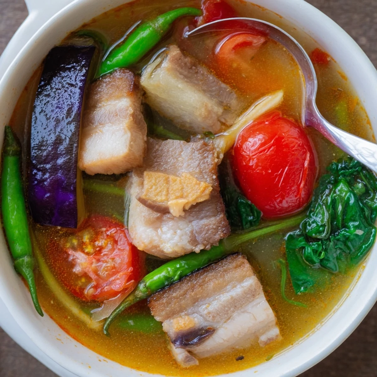 Filipino Sinigang sour soup featuring wilted spinach, radish slices, and succulent meat in rustic earthenware