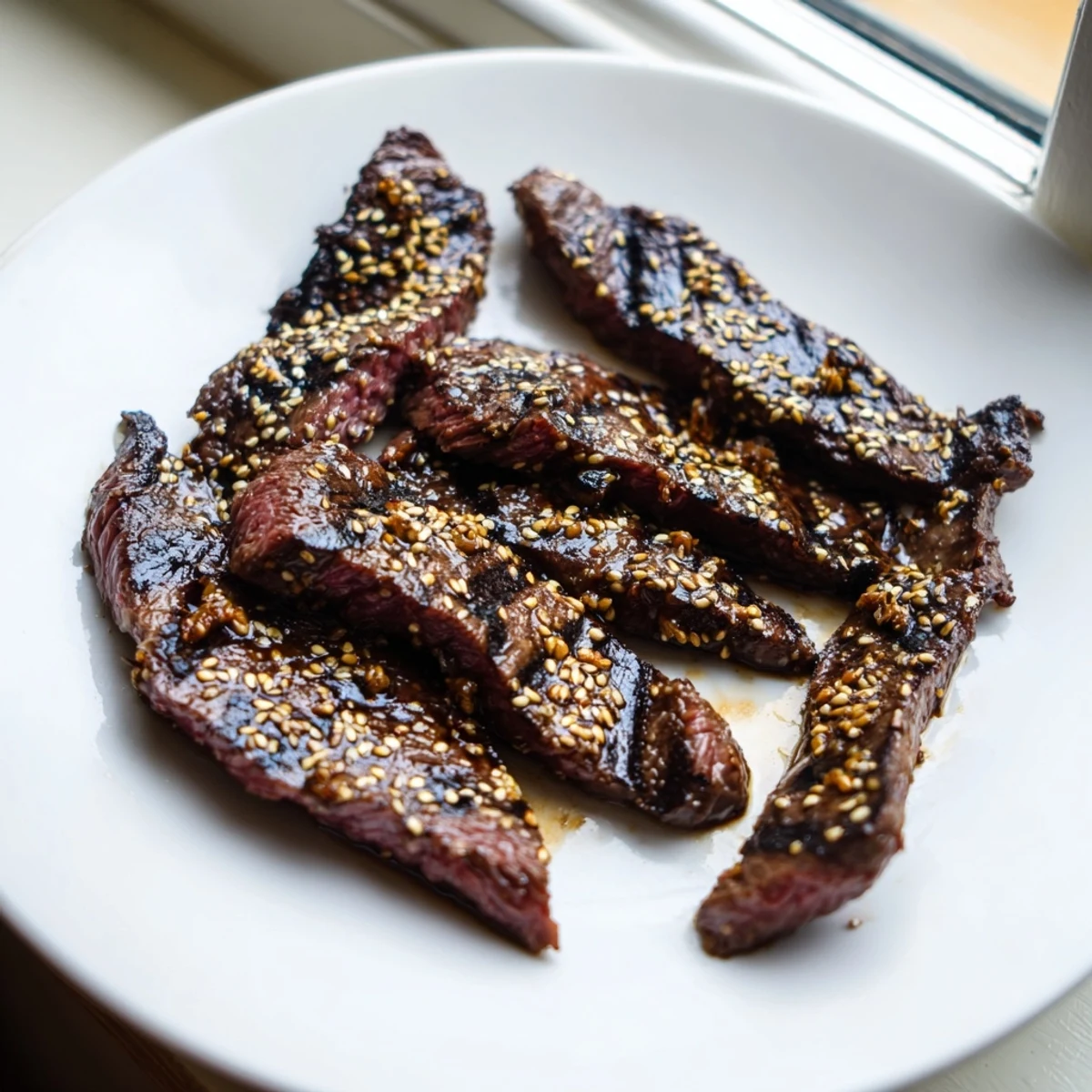 Sizzling Beef Yakiniku with caramelized edges served alongside charred vegetables and steamed white rice