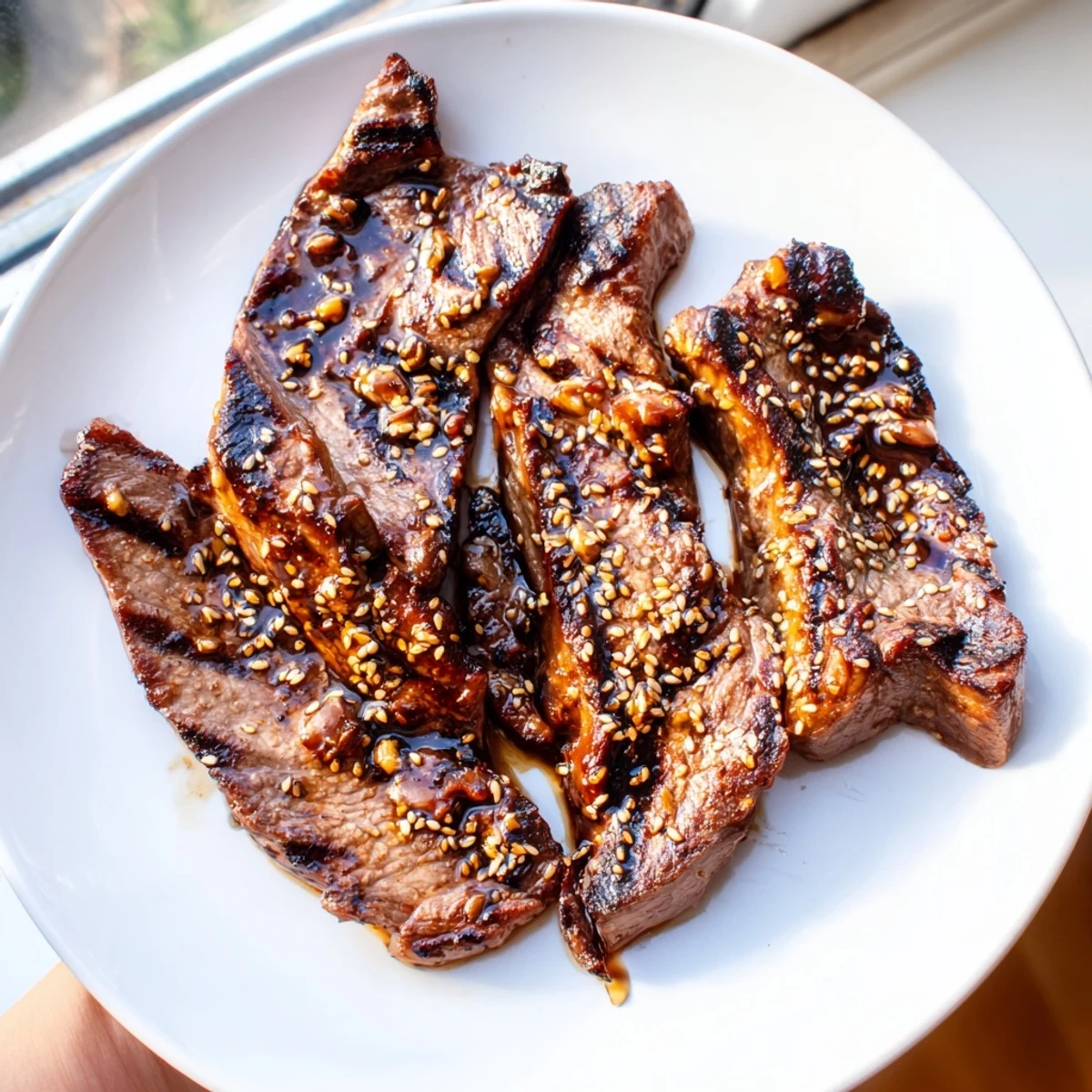 Thinly sliced Beef Yakiniku glistening with savory marinade on a hot grill pan