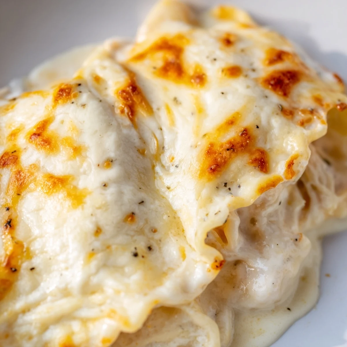 Golden bubbly Chicken Alfredo Baked Ravioli with melted mozzarella in a casserole dish