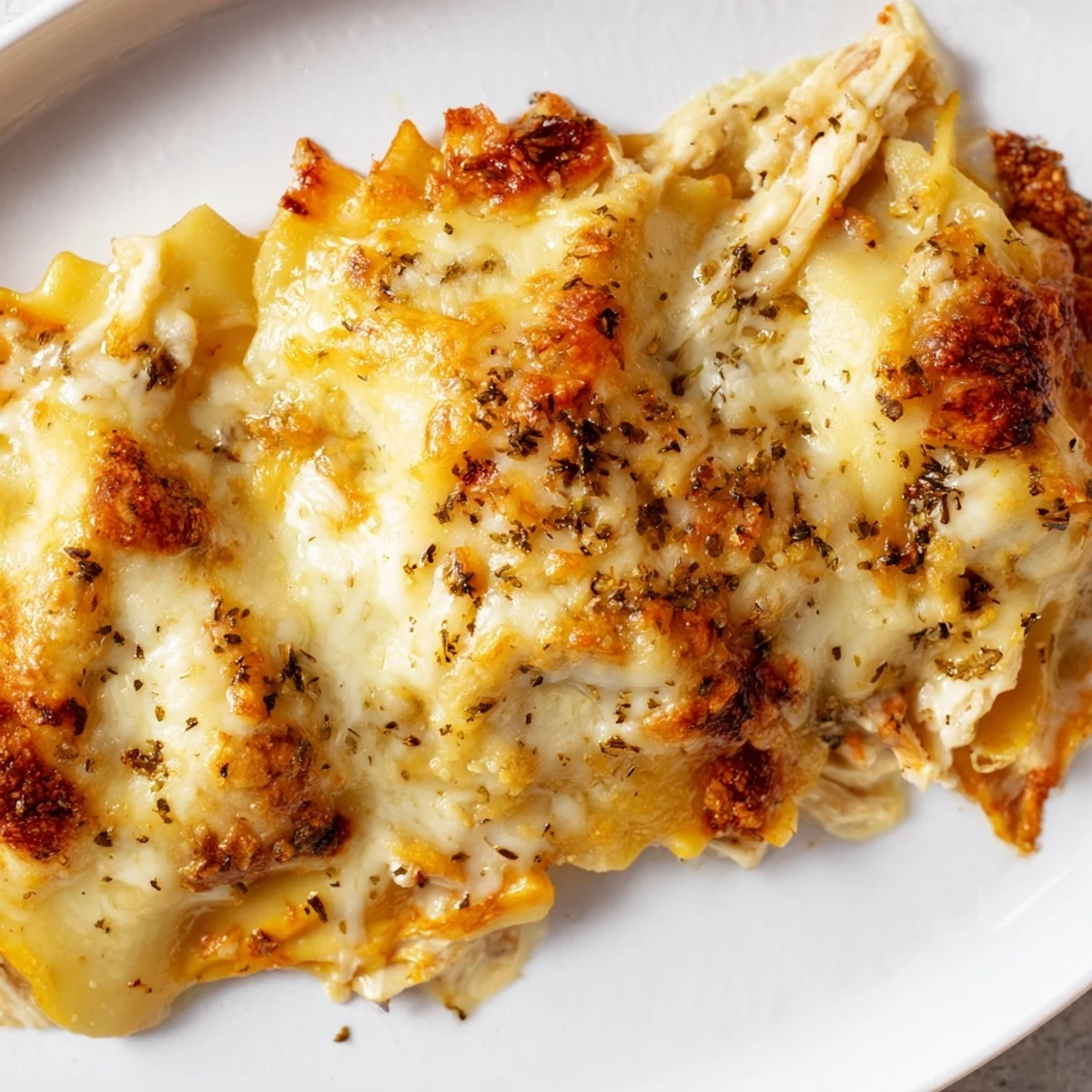 Creamy Chicken Alfredo Baked Ravioli topped with Parmesan and fresh parsley garnish